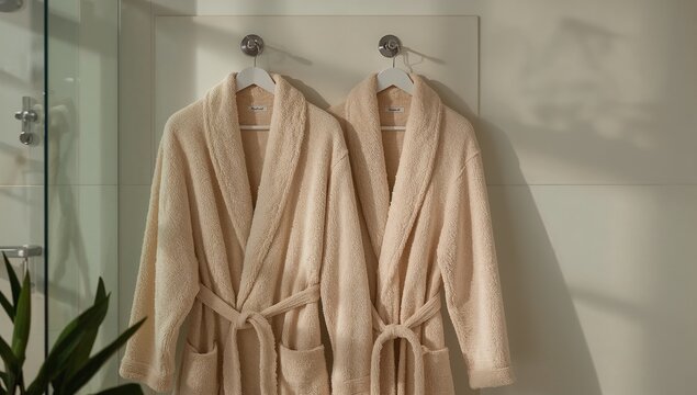 Robes hanging in a bathroom, perfect for a spa day or hotel stay
