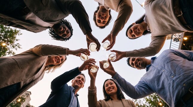 Diverse group of friends and colleagues celebrating with a toast outdoors at sunset
