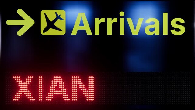 XIAN destination illuminated LED arrivals sign in modern international airport terminal for airline, vacation, and business travel video project