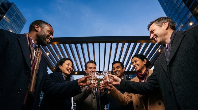 Diverse group of professionals celebrating with champagne on a rooftop at dusk with city buildings in the background