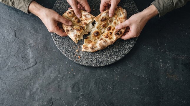 Two people hands tearing apart a freshly baked flatbread seasoned with salt and seeds on a dark stone surface