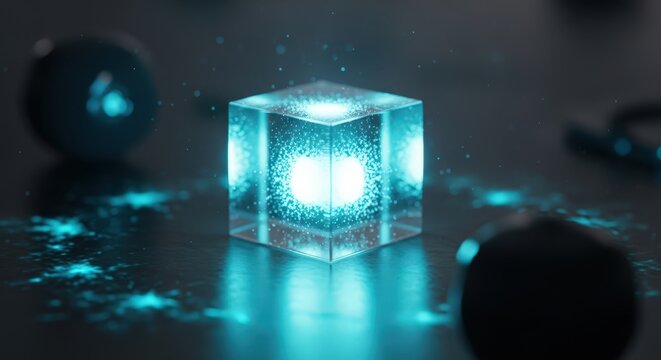 Glowing blue crystal cube with internal energy particles on dark reflective surface