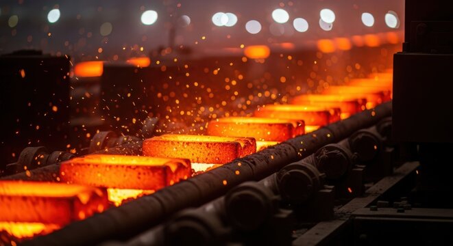 Glowing hot steel slabs moving on conveyor rollers with flying sparks in industrial mill