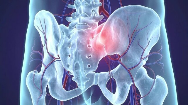 3D animation of human pelvis with sacral pain highlighted. Medical illustration of sacroiliac joint inflammation, showing bones and blood vessels in transparent x-ray view.