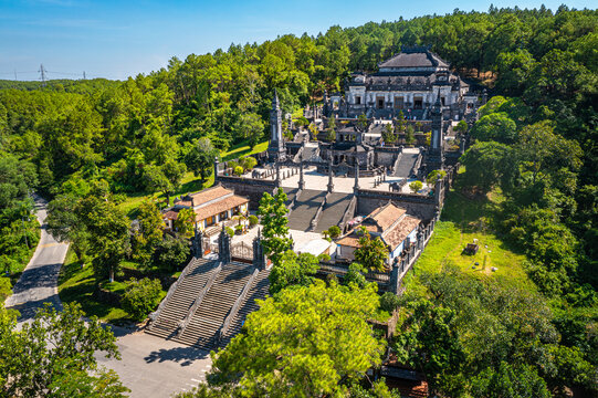 &bull; ajestic aerial view of Khai Dinh Tomb in Hue, Vietnam, stunning royal architecture on Chau Chu mountain, beautiful drone photography.
