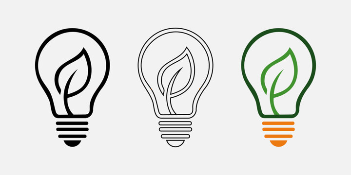 Set of three eco friendly light bulb icons with leaf symbols for sustainable energy and green power concepts