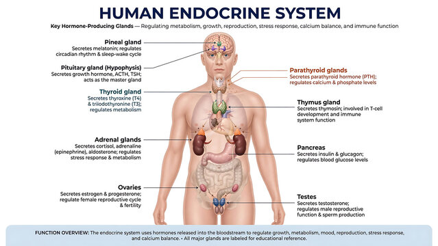 Anatomical illustrations showing the "Human Endocrine System" indicate the location and function of the main glands.