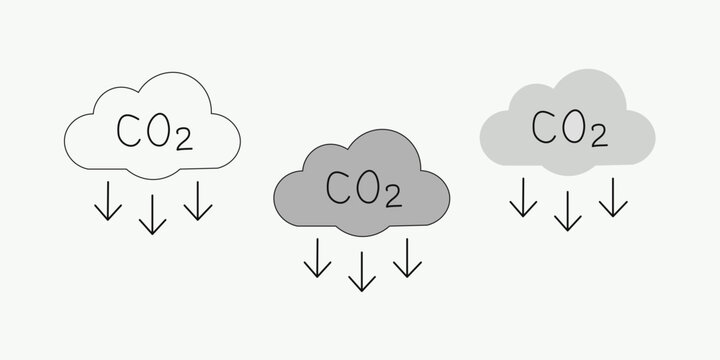 Conceptual illustration showing carbon dioxide emissions and atmospheric pollution represented by clouds with downward arrows on white background