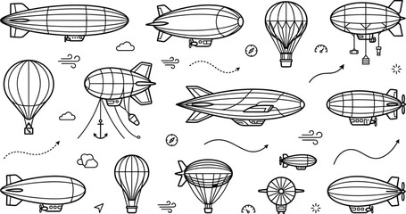 Minimalist Airship and Hot Air Balloon Icon Set with Vintage Blimps, Zeppelins, Clouds, and Wind Elements in Clean Outline Vector Style © MdSaeid