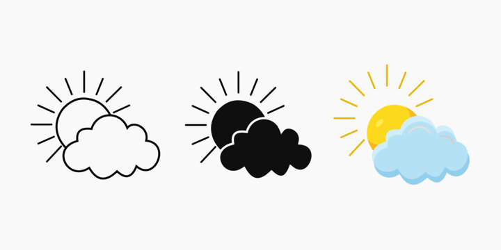 Set of sun and cloud weather icons in line art solid black and colorful flat design styles