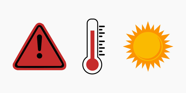 Set of icons representing extreme heat warning with a red warning triangle thermometer and a bright sun