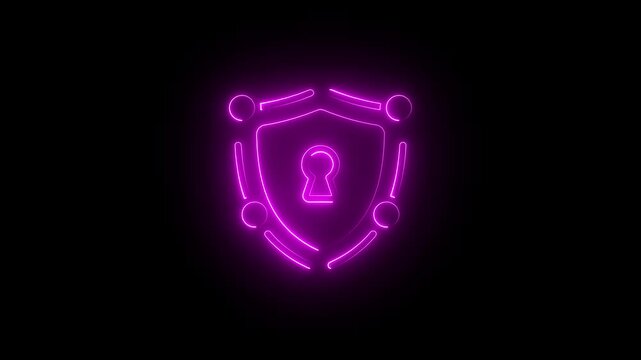 Neon purple glowing shield security keyhole animation on dark background