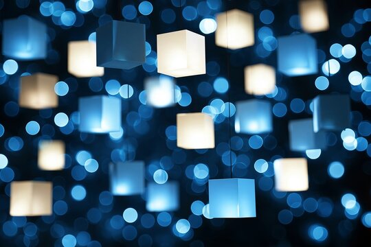 Glowing cube paper lanterns hanging against dark background with blue bokeh lights illumination