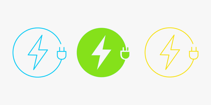 Set of three electric charging station icons with lightning bolt symbols in different styles and colors