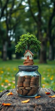 A tree sprouting from stacked coins, with a house illustration on a savings jar, set on wood in a park,  public,  deposit