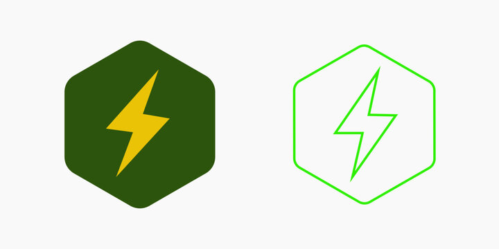 Set of two hexagonal icons featuring a yellow lightning bolt design in solid and outlined styles