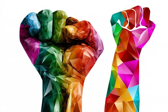 Multicolor low poly geometric clenched fists raised up representing unity and diversity power