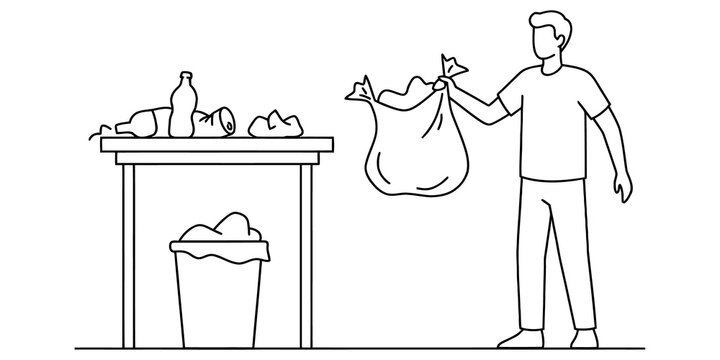 Man placing waste bag into trash can and cleaning tabletop with garbage for environmental responsibility concept visuals.
