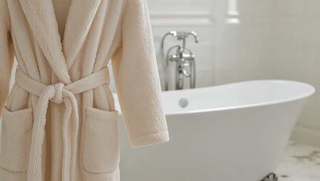 A bathrobe hanging on a wall next to a bath tub