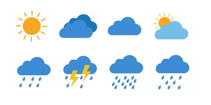 Collection of colorful weather icons including sun clouds rain and lightning