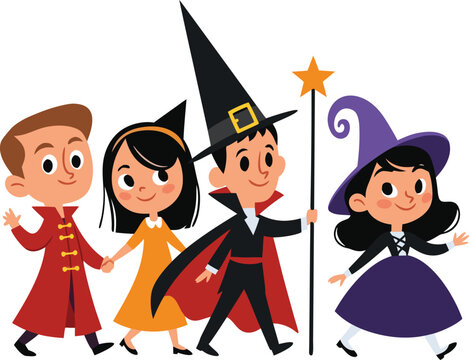 Cute Halloween Kids in Witch and Vampire Costumes