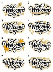 Eight Elegant Golden Welcome Typography Designs with Floral and Paisley Motifs illustration © MDSOFIKUL