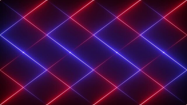 Neon diamond grid motion background, glowing red and blue laser lines, abstract cyberpunk light pattern for digital and vj loops