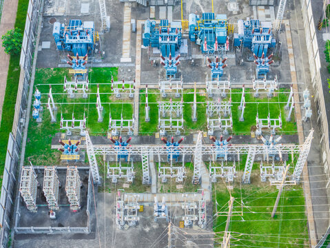 Aerial View of Electrical Substation Power Grid