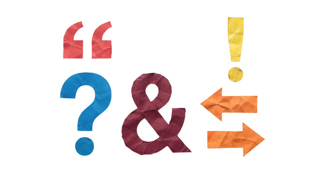 Crumpled paper punctuation marks and arrows on a transparent background