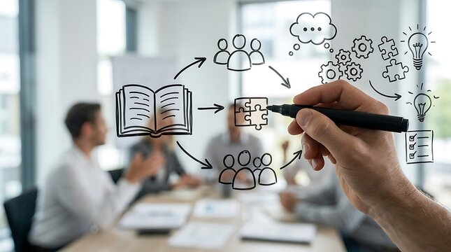Hand drawing business strategy and knowledge sharing icons on a glass board in an office meeting.