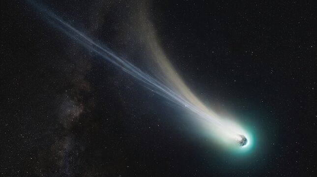 A bright comet streaks through the starry night sky, trailing a long, glowing ion tail and a dusty coma across deep space.