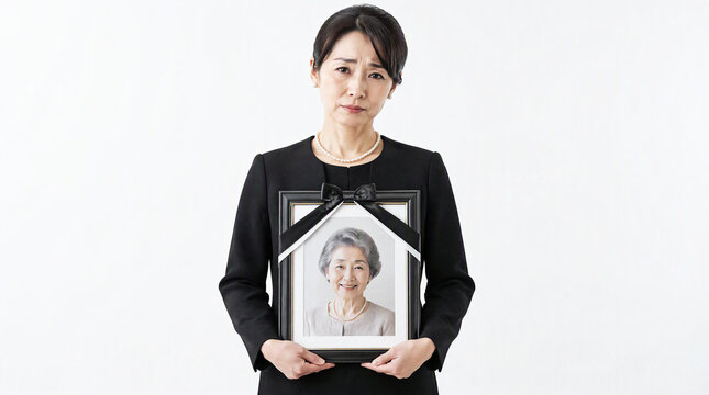 遺影を抱いて悲しむ喪服姿の女性