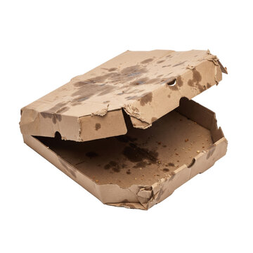 Dirty used cardboard pizza delivery box isolated on transparent background