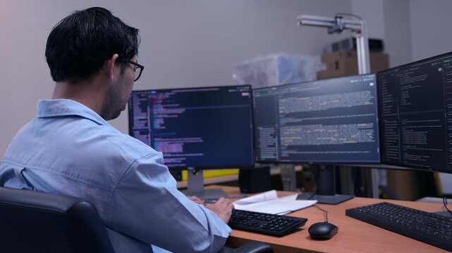 Programmer works with source code on multiple monitors in an office, representing software development, debugging, digital productivity, information technology, coding workflow, and modern.