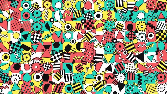 Vibrant abstract geometric pattern with colorful shapes and playful memphis design elements