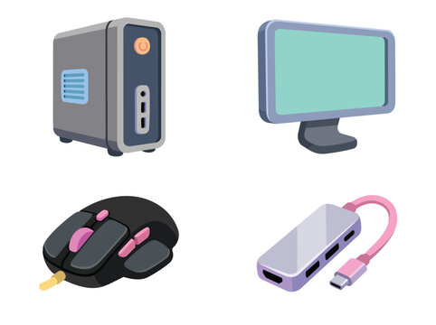 Computer Desktop Setup with Monitor Mouse and Usb Drive Vector Illustration Collection of