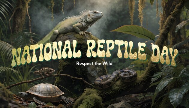 Iguana snake and turtle in a misty tropical forest environment