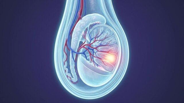 3D medical animation of human male testicle anatomy with a highlighted area indicating inflammation, pain, or disease, showing blood vessels and surrounding structures.