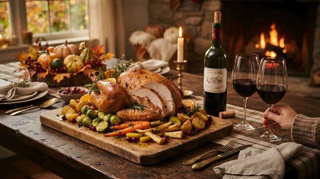 Roasted thanksgiving turkey centerpiece on dining table with red wine and candles.