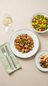 pork with shellfish, accompanied by a fresh salad and white wine, viewed from above - lombo de porco &agrave; alentejana