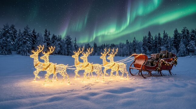 Magical winter night with glowing LED reindeer pulling a red wooden sleigh on a snowy field under a starry sky and bright aurora borealis lights