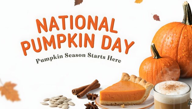 National pumpkin day banner with pie and spices on white background