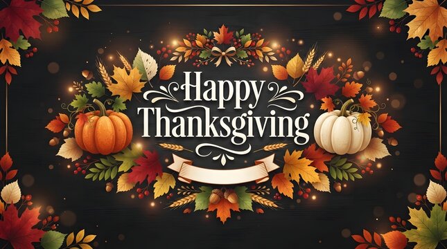 Happy thanksgiving greeting card design with autumn leaves and pumpkins on black.