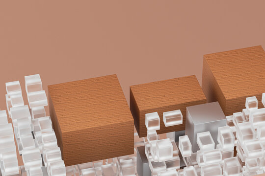 Wooden Blocks Among Transparent Glass Cubes Background