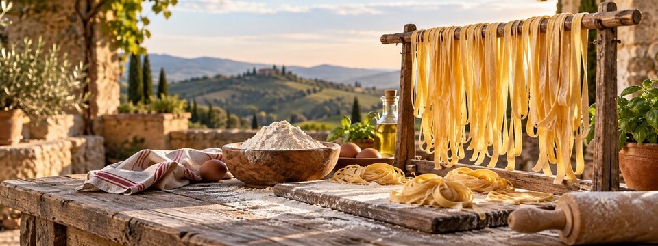 Handmade pasta drying beside flour on a rustic Italian table