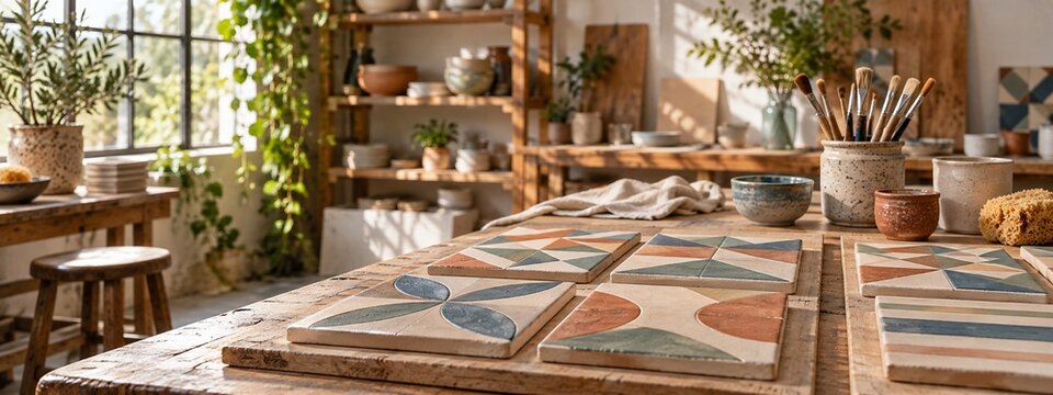 Handmade geometric ceramic tiles drying in an artisan studio