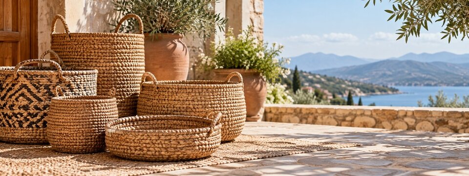Handwoven reed baskets in a sunlit artisan courtyard