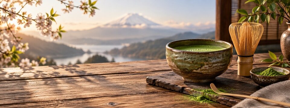 Rustic Japanese tea setting with a bamboo whisk and matcha