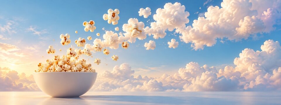 Popcorn transforming into fluffy clouds above a plain bowl