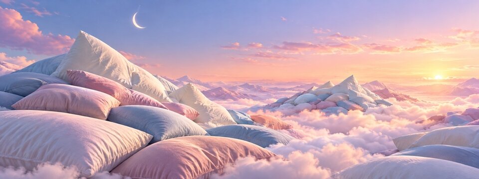 Soft pillow mountains beneath a tiny crescent moon